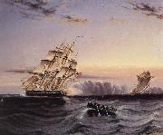James Edward Buttersworth A U.S Frigate attacking a French Privateer oil on canvas